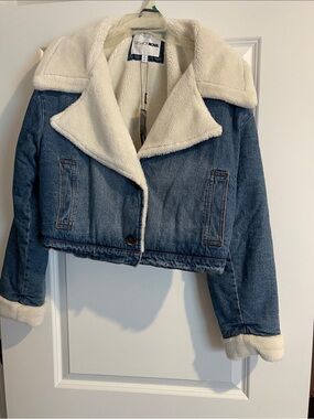 Fashion Nova Blue Denim Cropped Jacket with Cream Sherpa Collar
